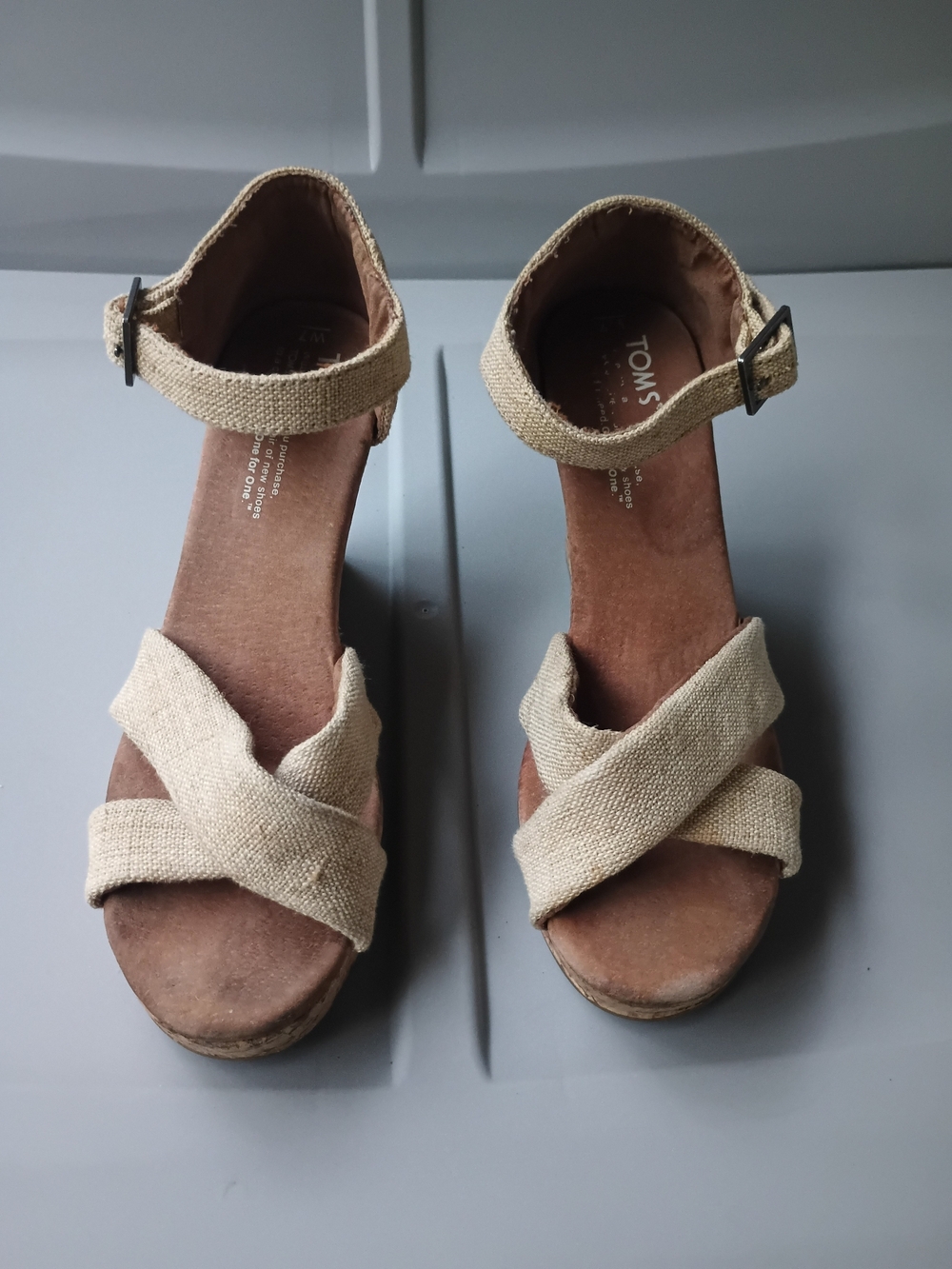 TOMS Women's Beige Canvas Wedge Sandals - Picture 2 of 13
